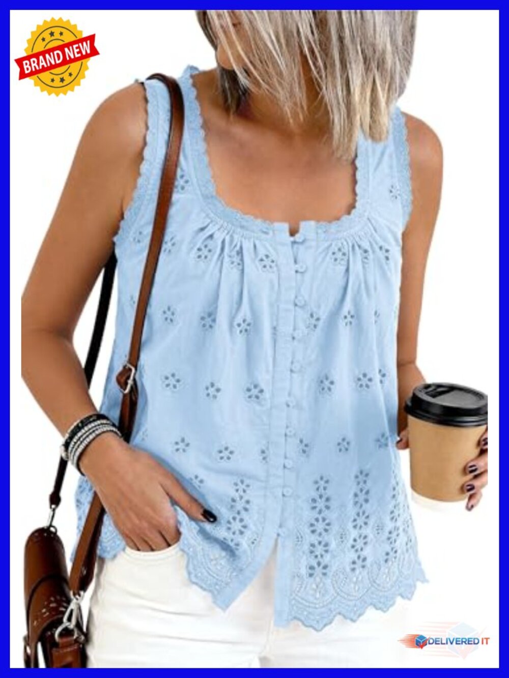 Women's Eyelet Lace Tank Top Button Down Sleeveless Summer Blouse